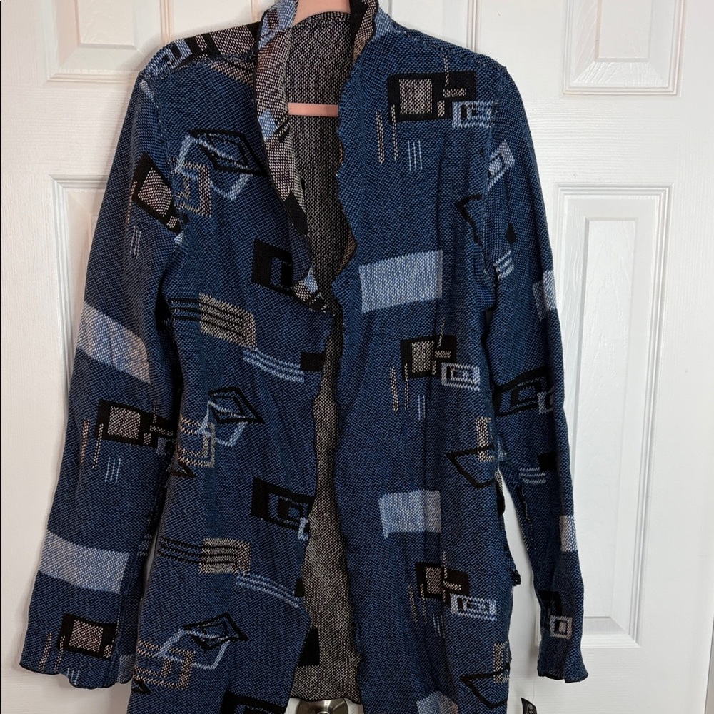 WINDING RIVER OPEN FRONT REVERSIBLE CARDIGAN SWEATER JACKET BLUE/GRAY KNIT SZ S